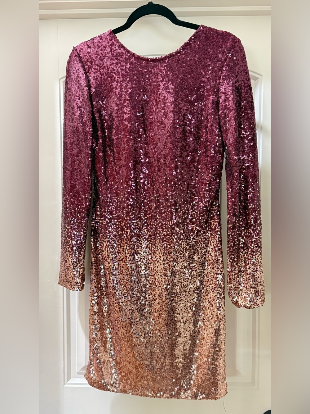 Revamped Sequined Ombre Long-Sleeve Dress in Burgundy and Rose Gold